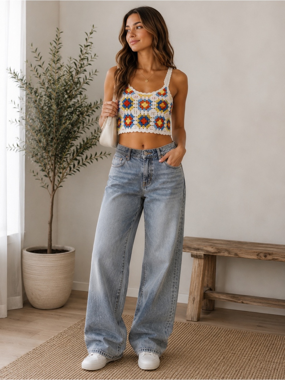 Crochet Floral Scoop Neck Tank Top - White with Multicolor Flowers